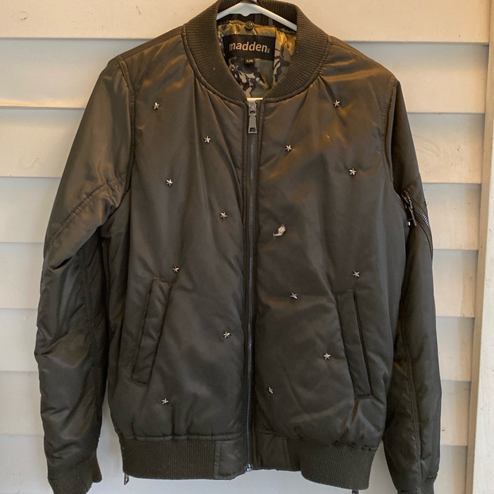 Steve Madden Stars & Zippers Olive Green Coat Size Large